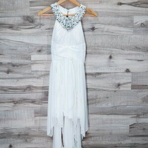 Sequin Hearts White Formal Dress Iridescent Jewels at Neckline & Uneven Skirt